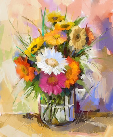 Oil painting - still life Gerbera flowers in glass vase